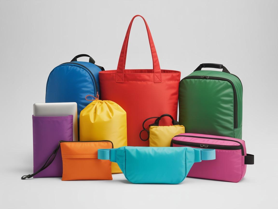 Collection of colourful custom branded bags and accessories including tote bags, backpacks, cooler bags, pencil cases, and laptop sleeves